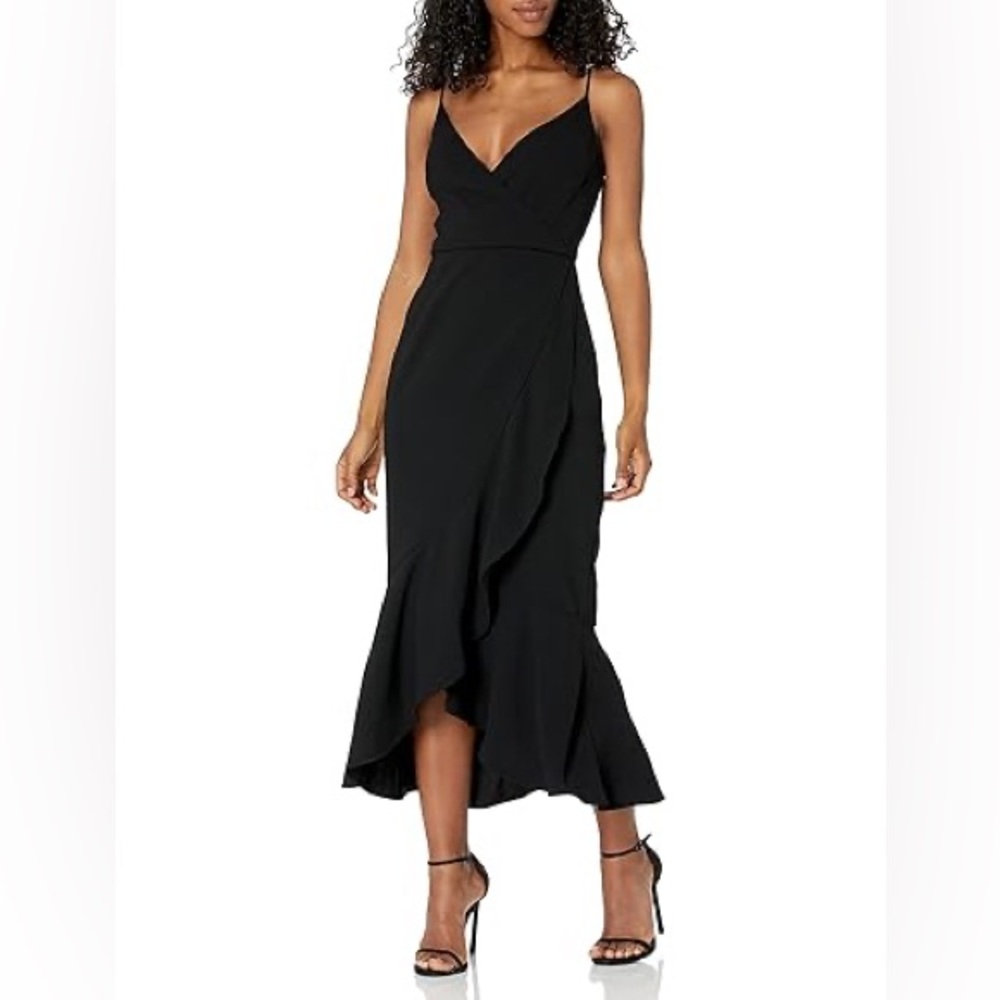 NWT! Rachel Roy black spaghetti strap ruffle wrap black midi dress size 14